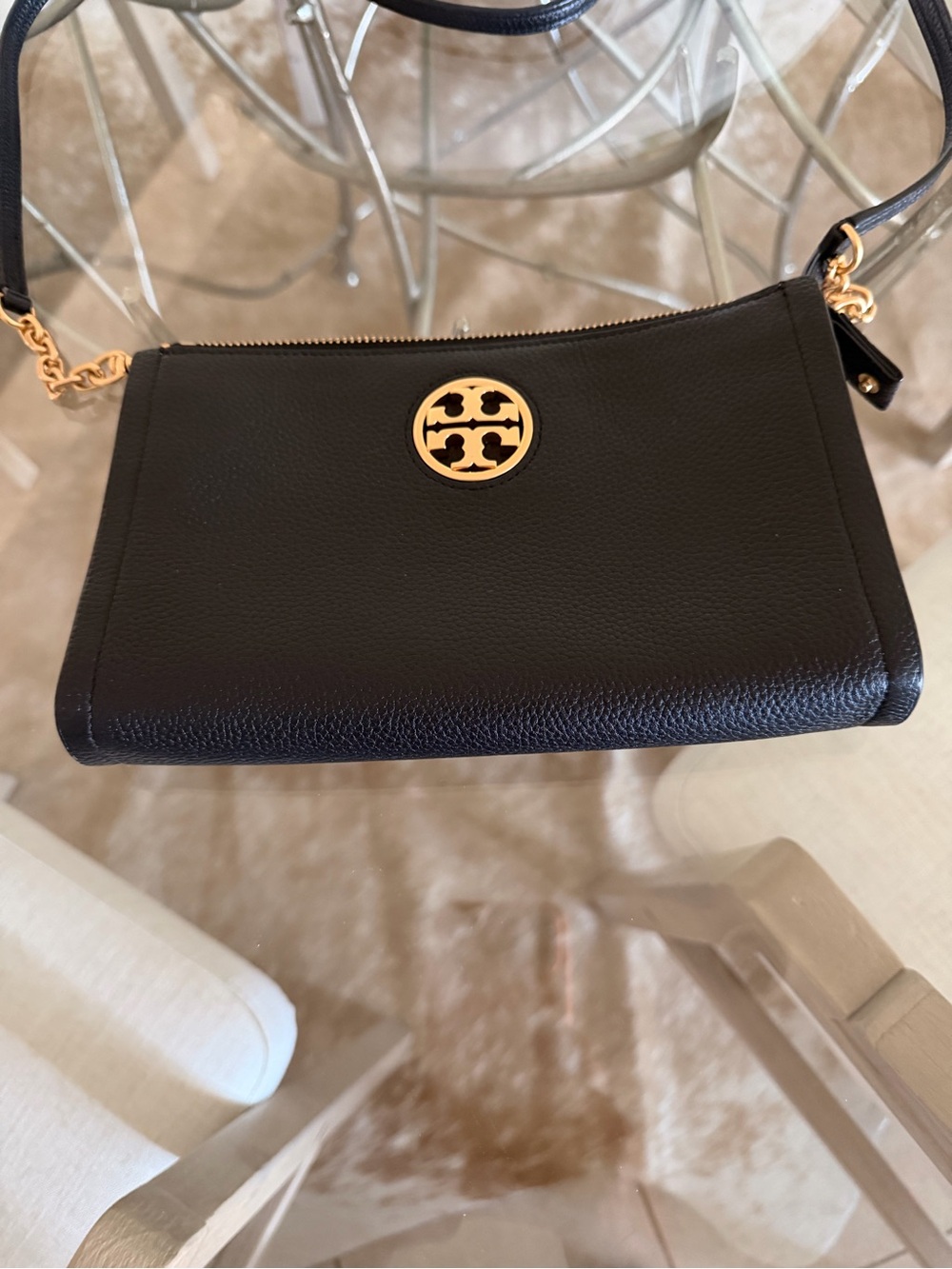 Tory Burch Black Leather Crossbody with Gold Logo Medallion